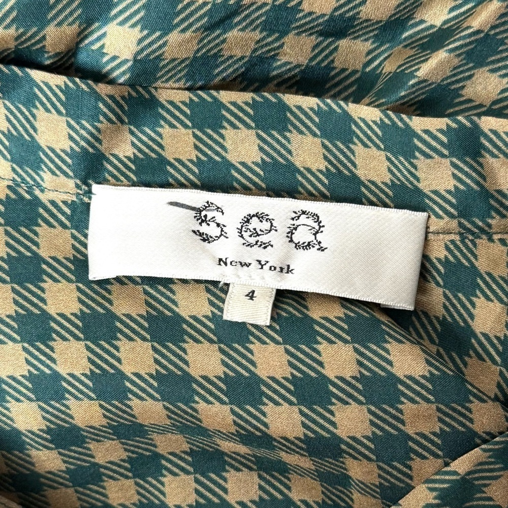 SEA NEW YORK Silk Gingham Plaid Long Sleeve Tie Neck Ruffle Hem Prairie Dress S - Picture 4 of 5